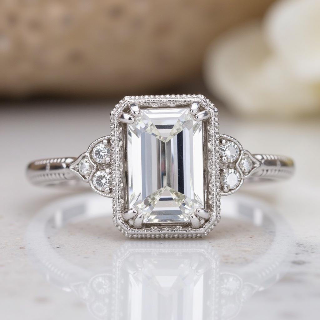 Art Deco platinum engagement ring with emerald cut diamond