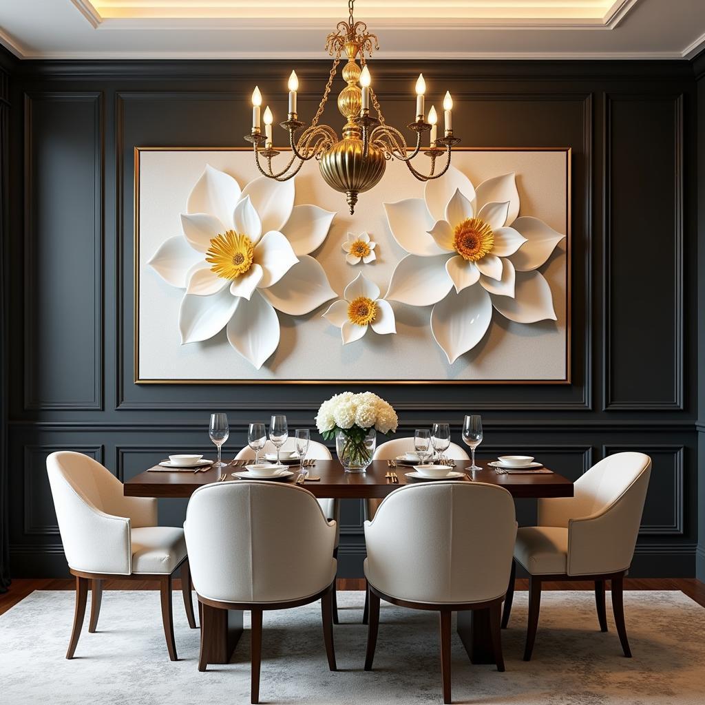 Elegant Dining Room with 3D Flower Canvas Wall Art