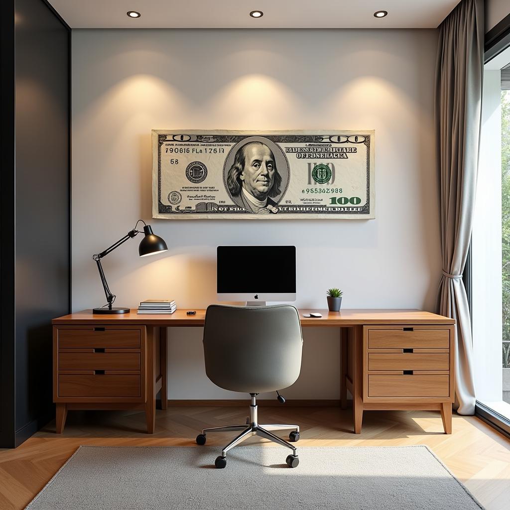 3D money wall art displayed in a home office setting, adding a touch of elegance and inspiration.