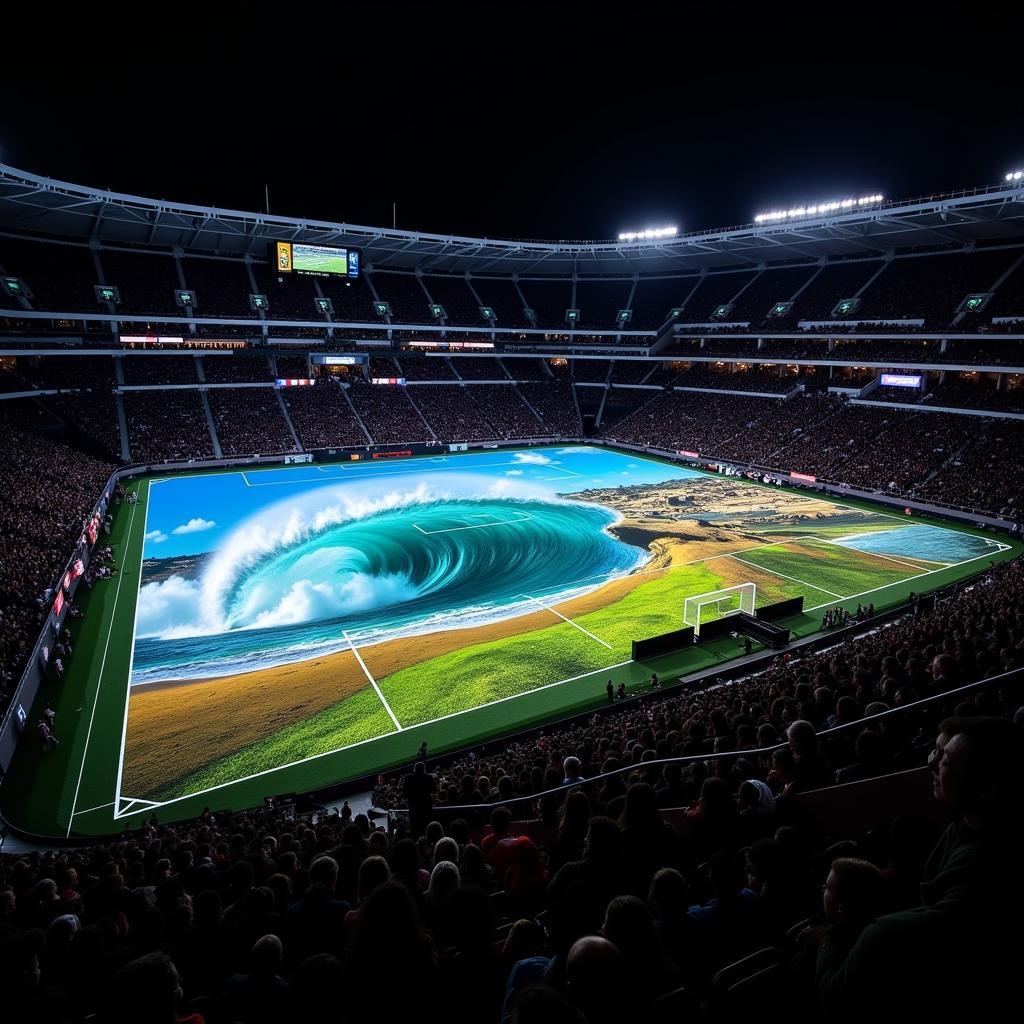 3D projection mapping transforms a stadium field into a dynamic canvas.