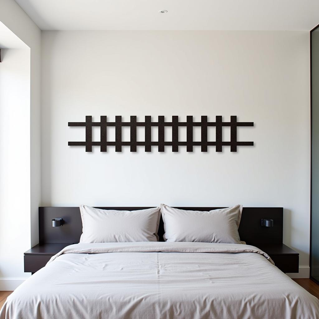 Bedroom with minimalist 3d train tracks wall art above bed