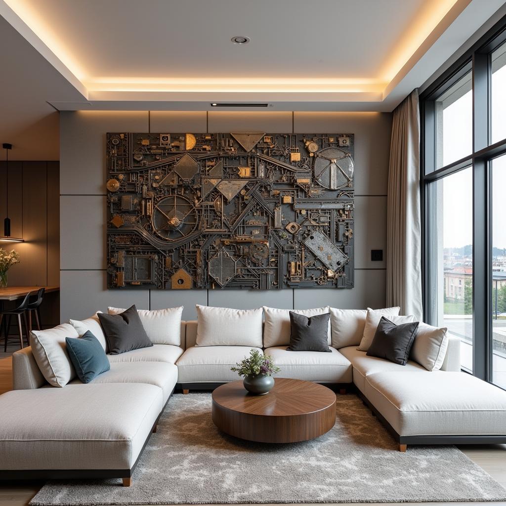 Modern living room with 3d train tracks wall art