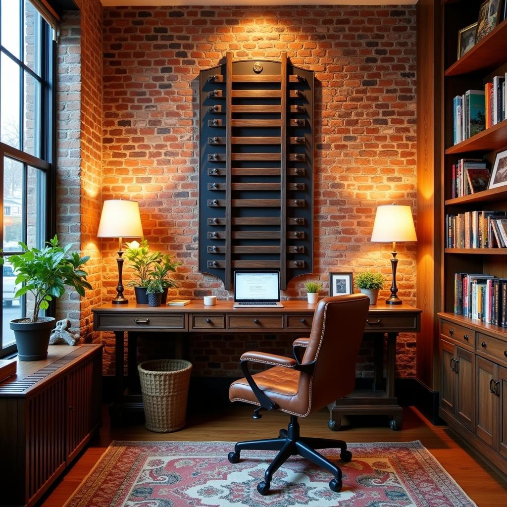 Home office with industrial 3d train tracks wall art