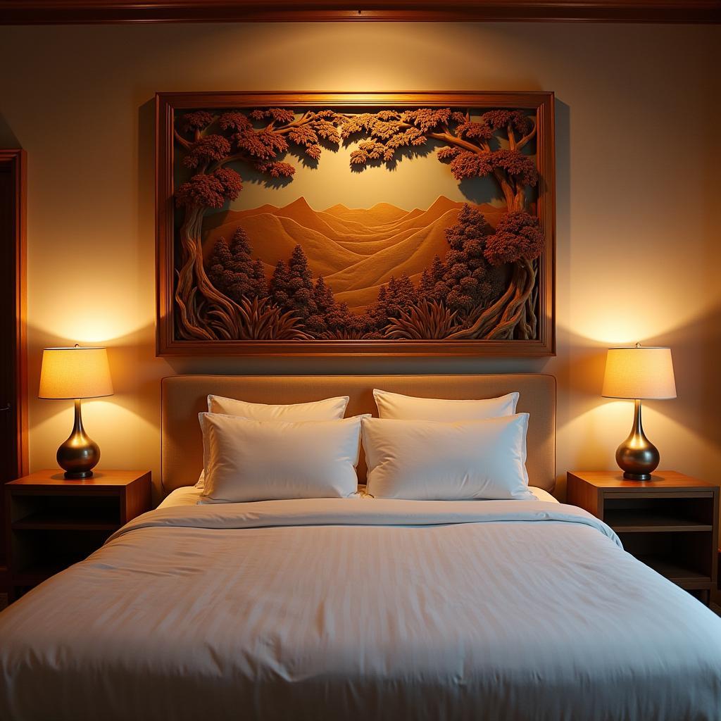 Intricate 3D Wooden Wall Art Above a Bed