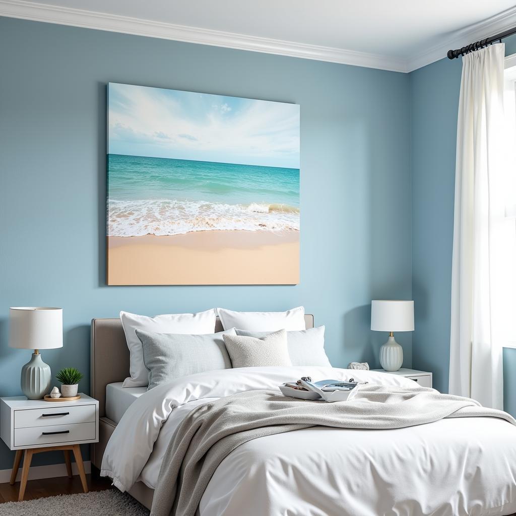 A bedroom featuring a 40x40 landscape canvas print hung above the bed