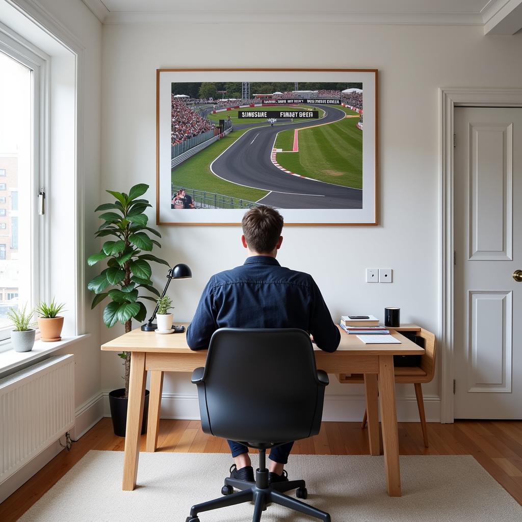 A man is working at his desk in his home office, a large piece of Silverstone track wall art hangs on the wall behind him.