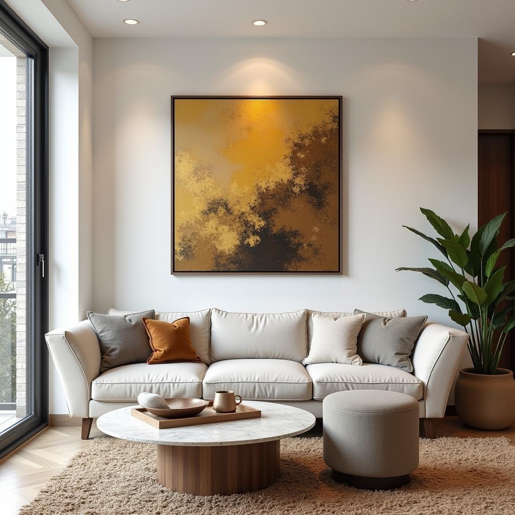 Abstract art with gold in a living room setting