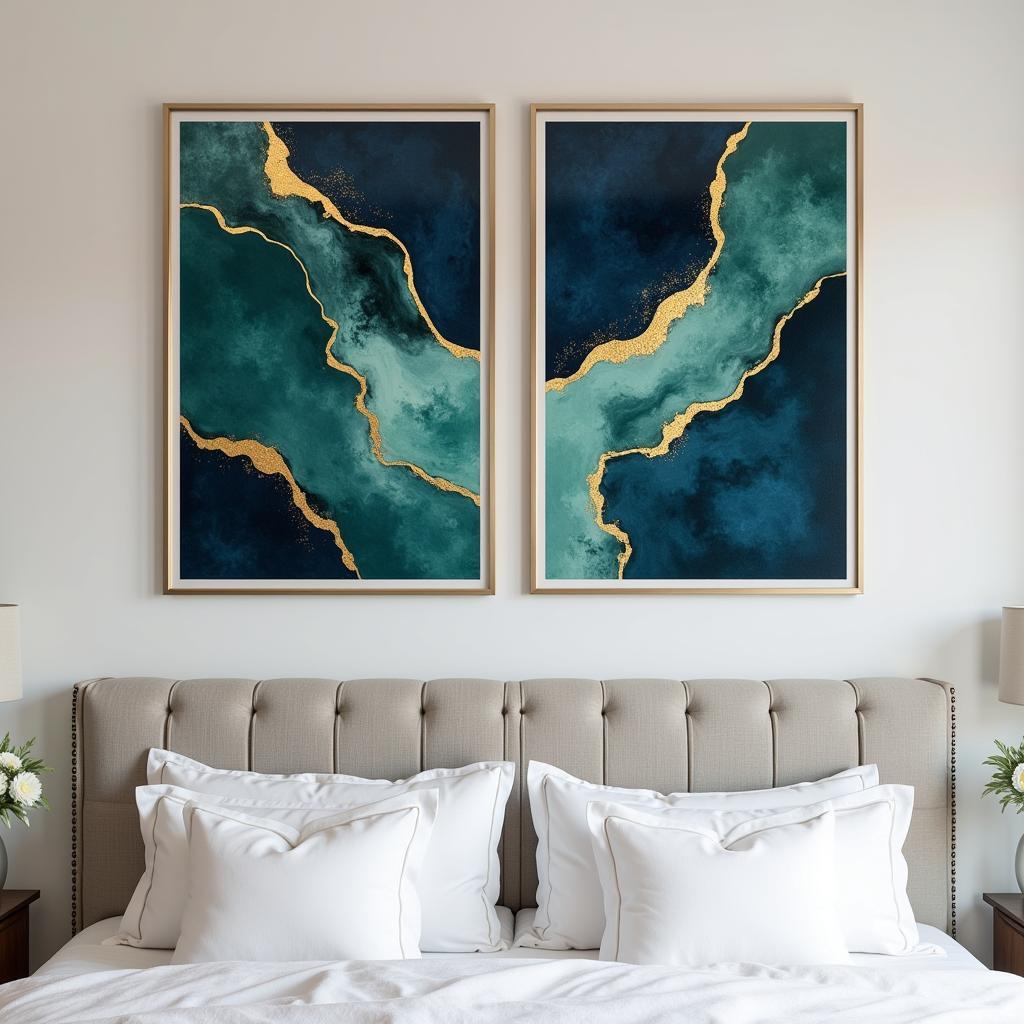 Abstract art posters with metallic accents on a bedroom wall