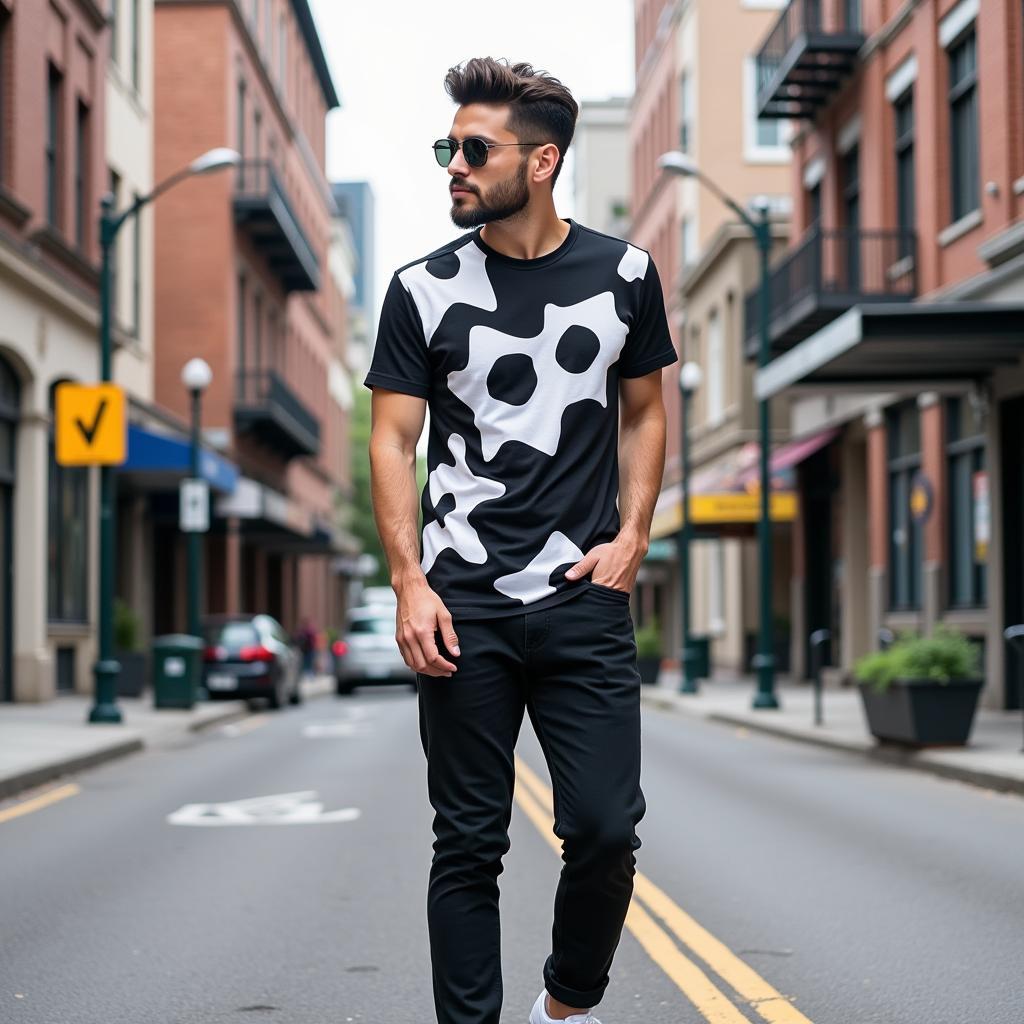 Man wearing abstract art tshirt with geometric patterns