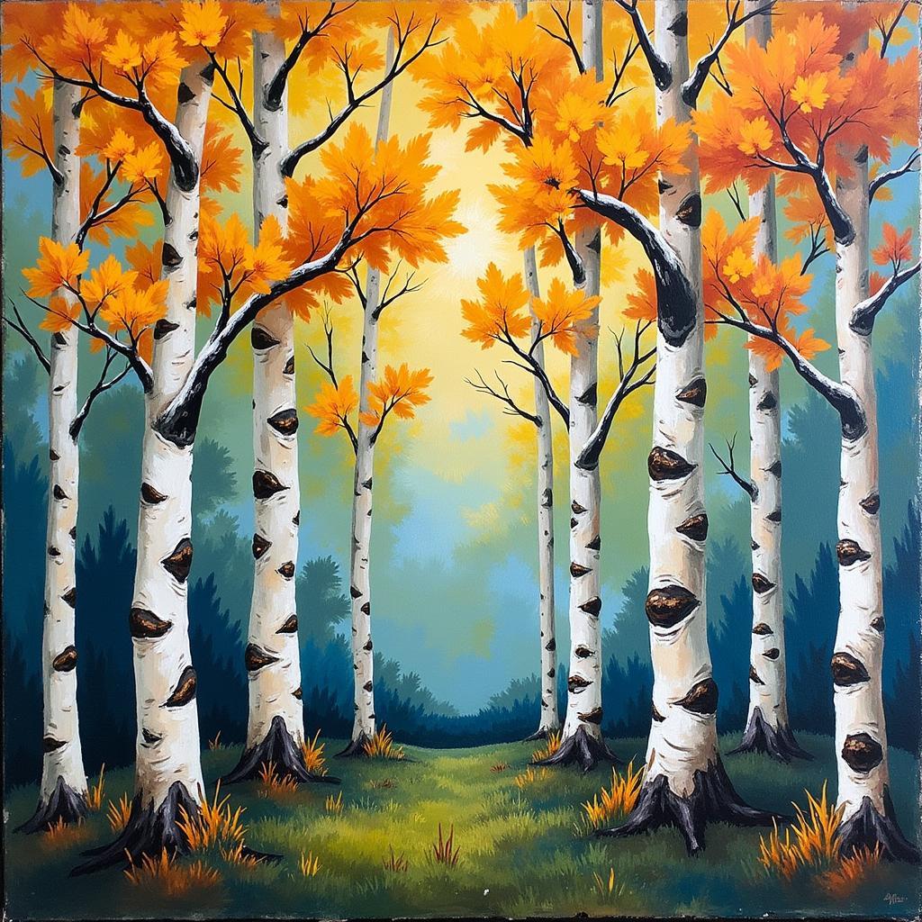 Abstract Aspen Tree Painting Emphasizing Texture and Movement