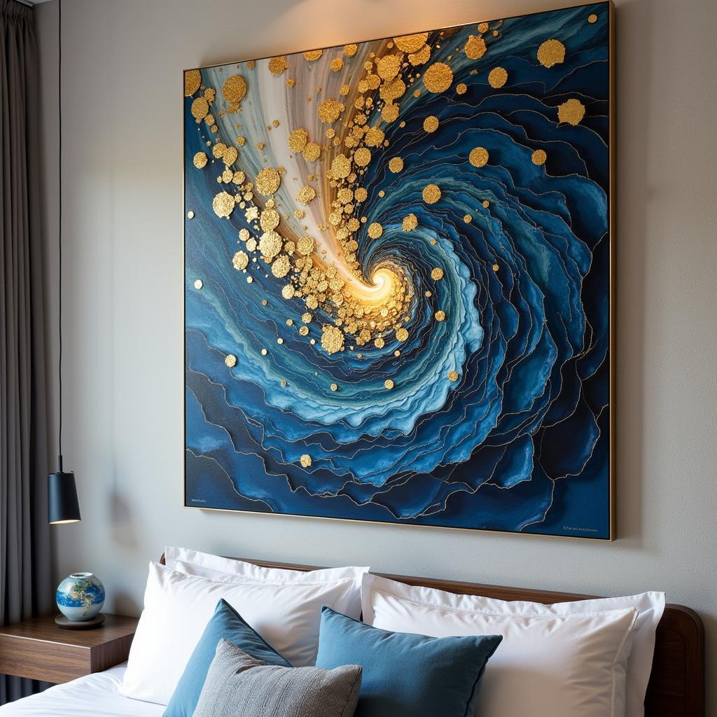 A close-up of an abstract blue and gold metal wall art piece in a bedroom setting