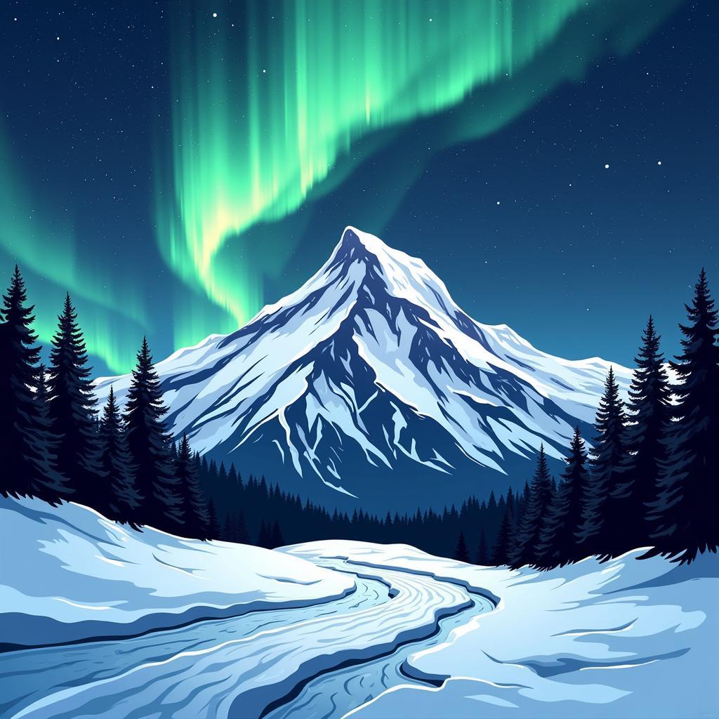 Abstract Digital Art Snow Mountain Aurora