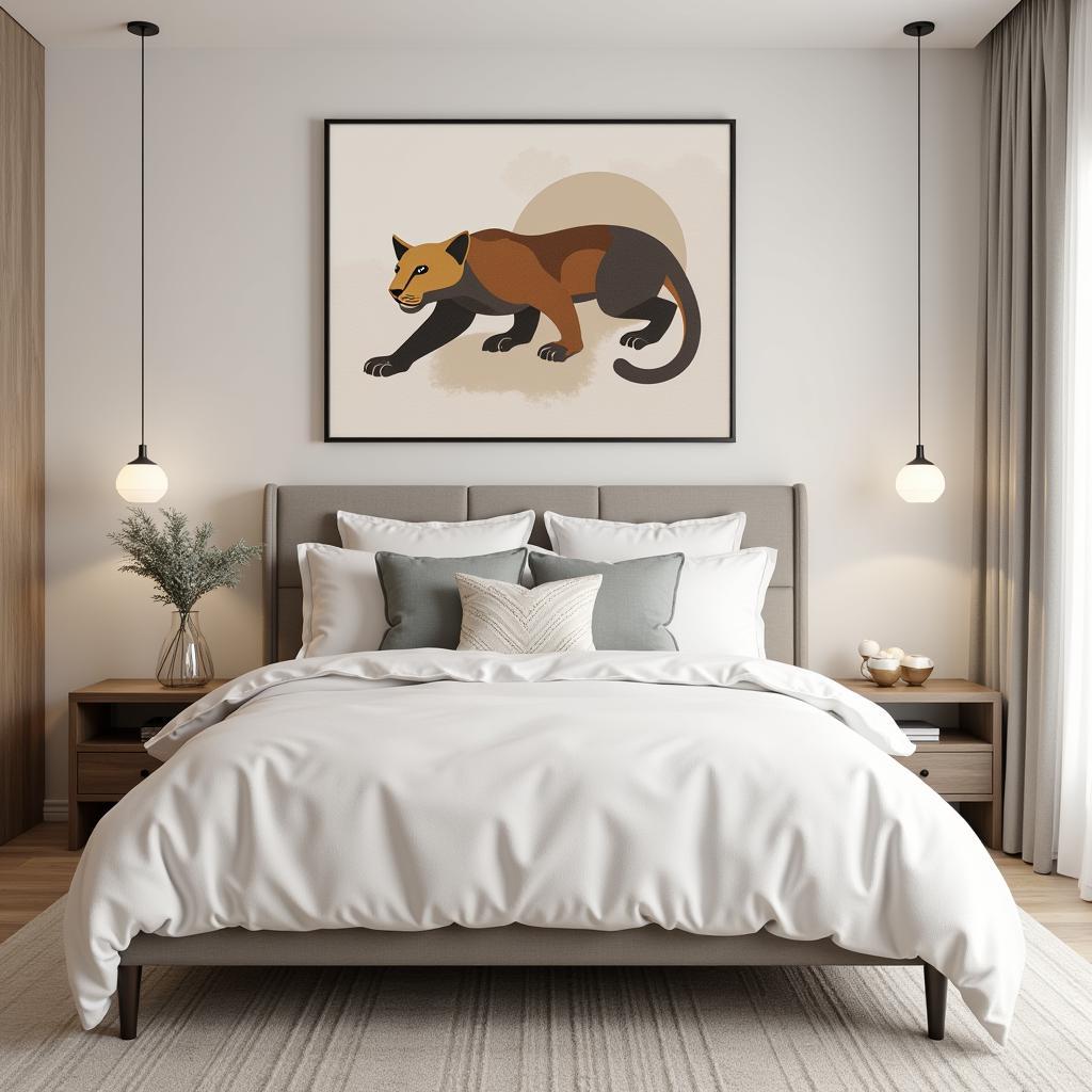 Abstract jaguar wall art hung above a bed in a serene bedroom