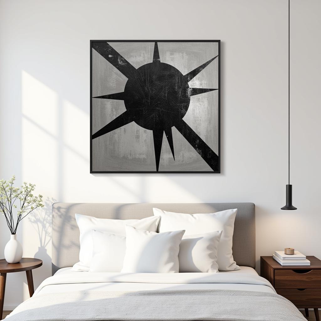 Minimalist bedroom with a large abstract metal wall art piece in black and white.