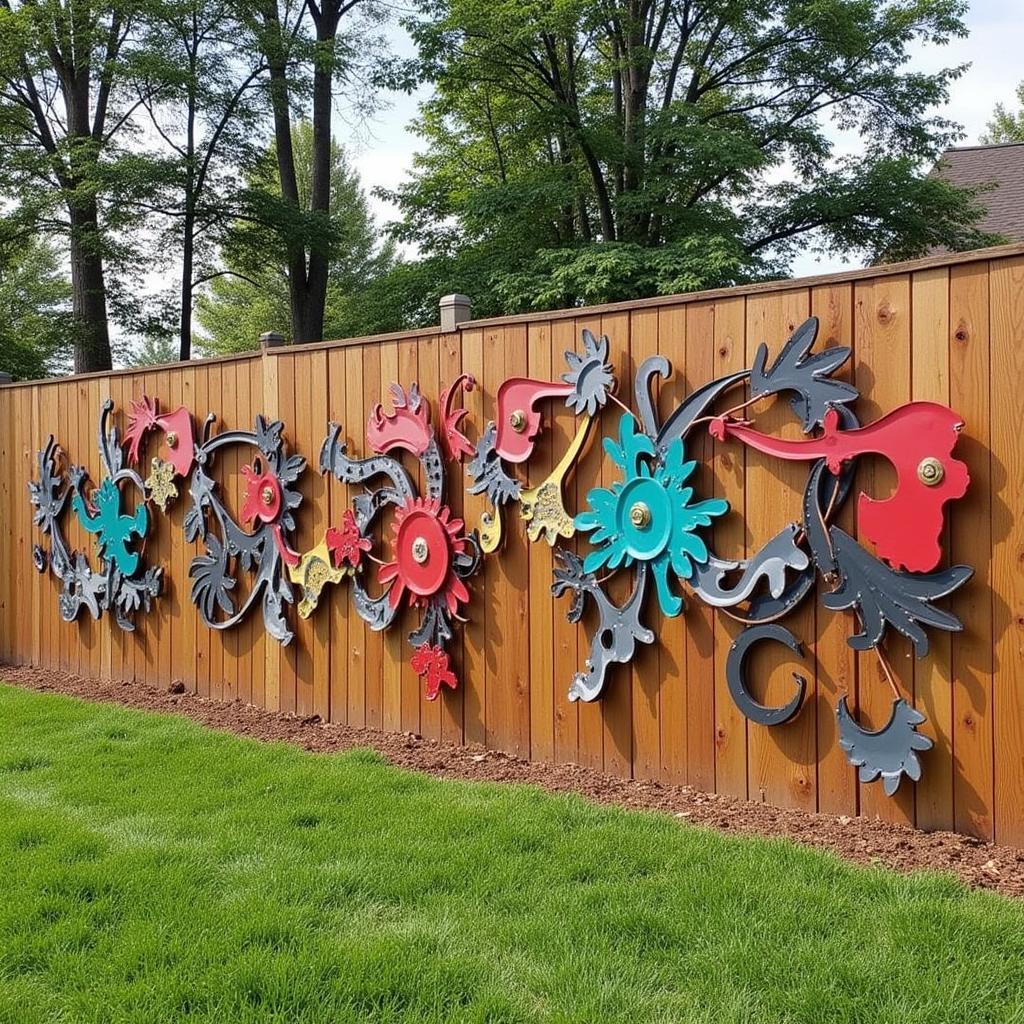 Large Abstract Metal Wall Art on a Wooden Fence