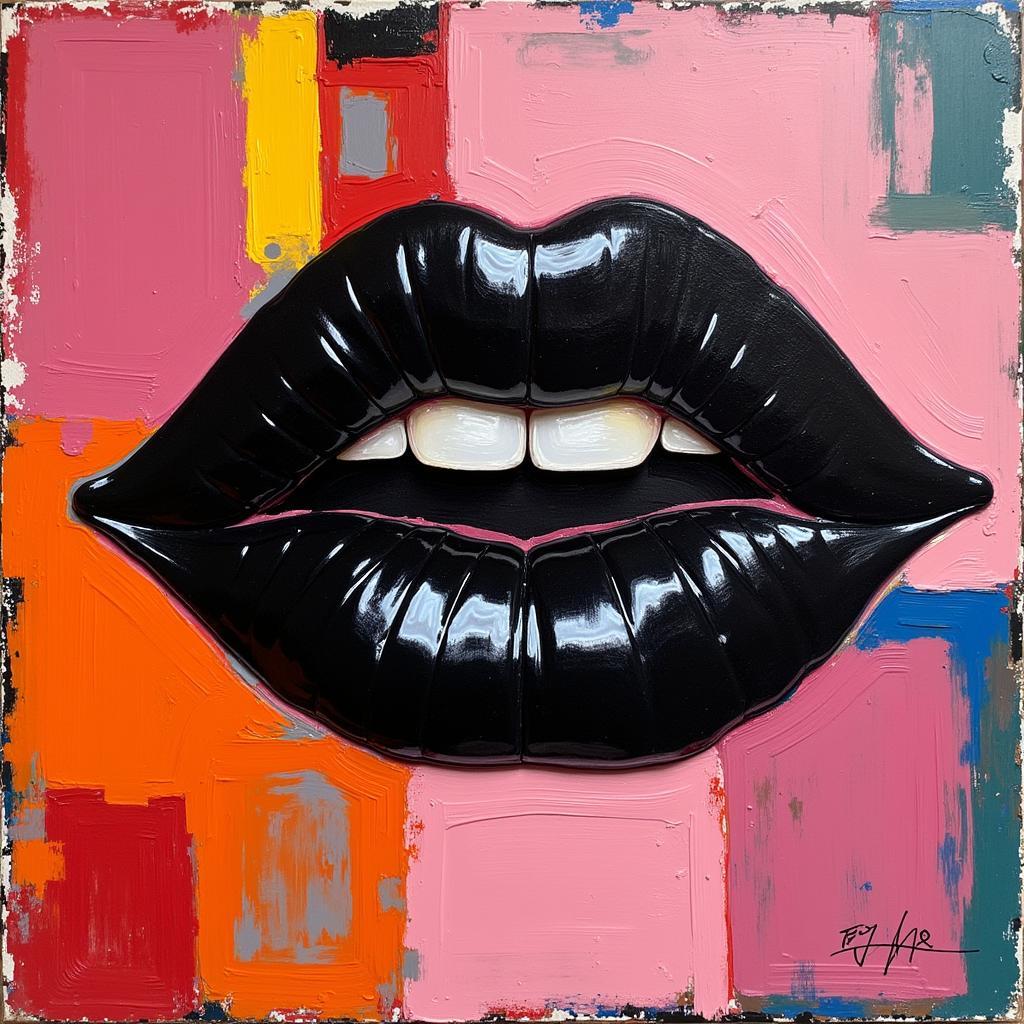 Abstract Painting with Black Lips as Focal Point