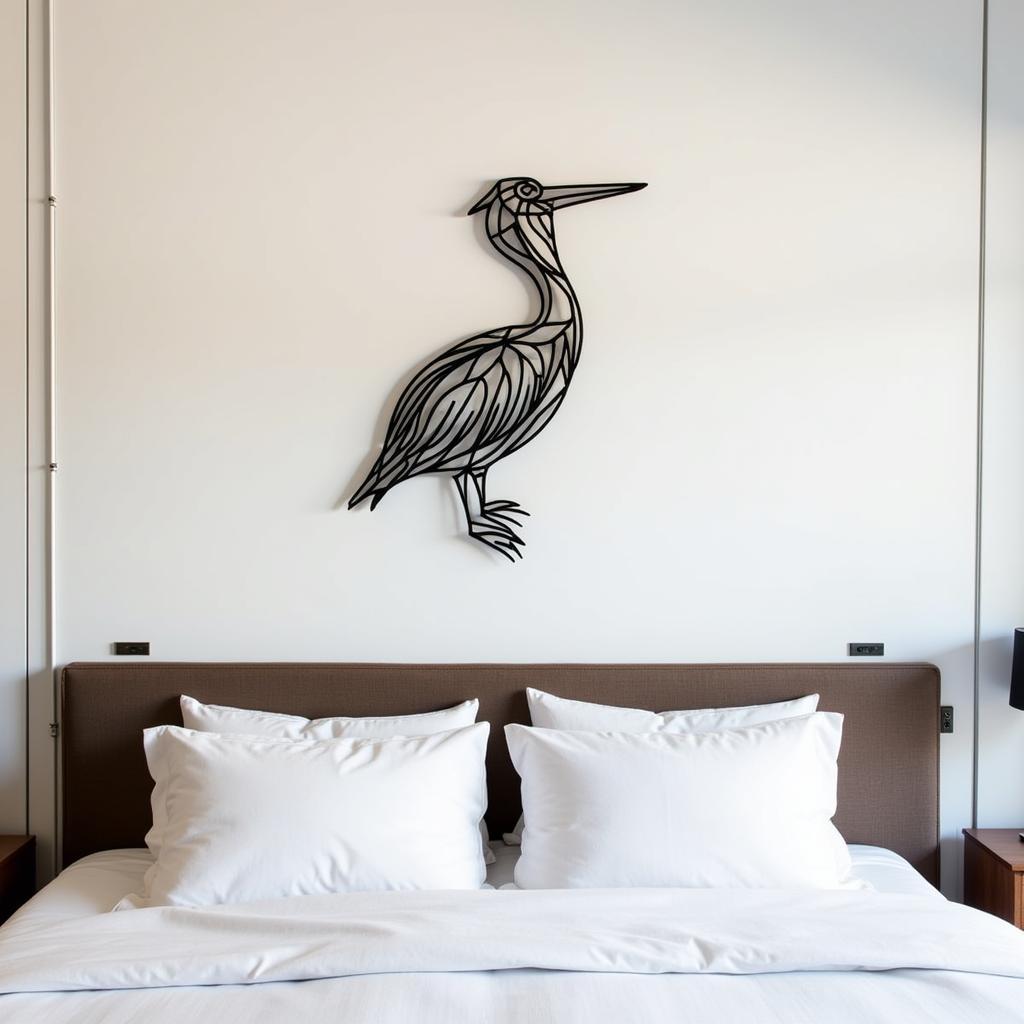 Abstract pelican metal wall art adding a touch of artistry to a modern bedroom