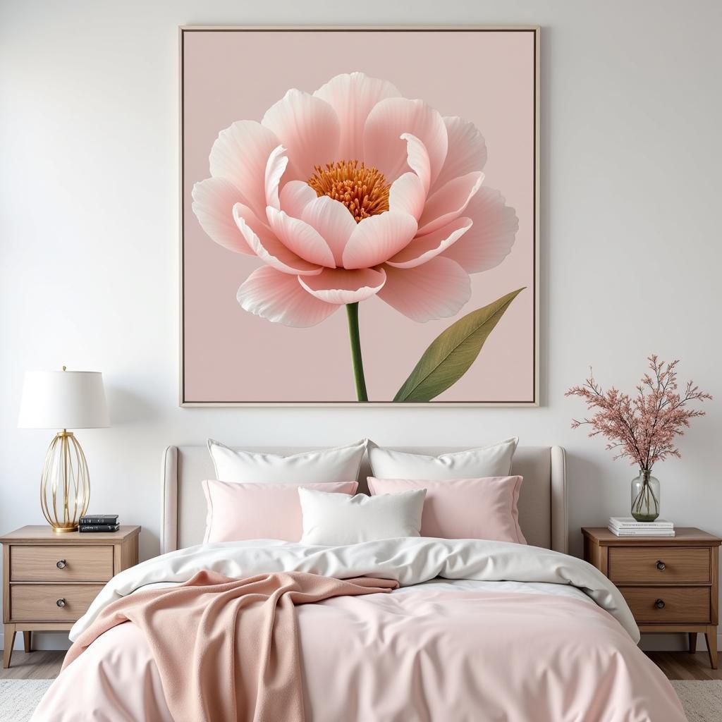 Abstract peony wall art above a bed with pastel linens.