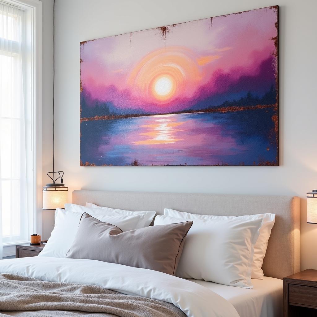 Abstract Sunset Metal Wall Art in Bedroom