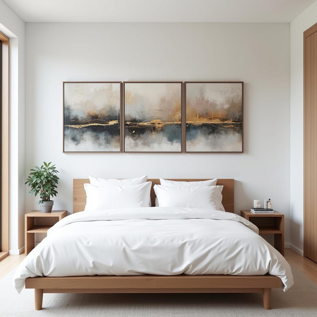 Abstract Three-Panel Wall Art in a Modern Bedroom