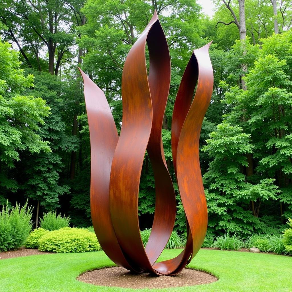 Modern Steel Tulip Sculpture in a Public Garden