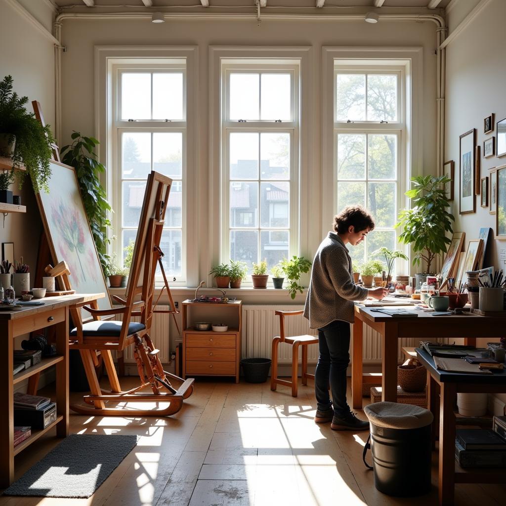 Artist working at an adjustable art table in a home studio