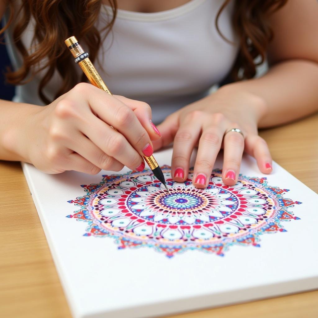 Woman creating a mandala dot art painting using a kit