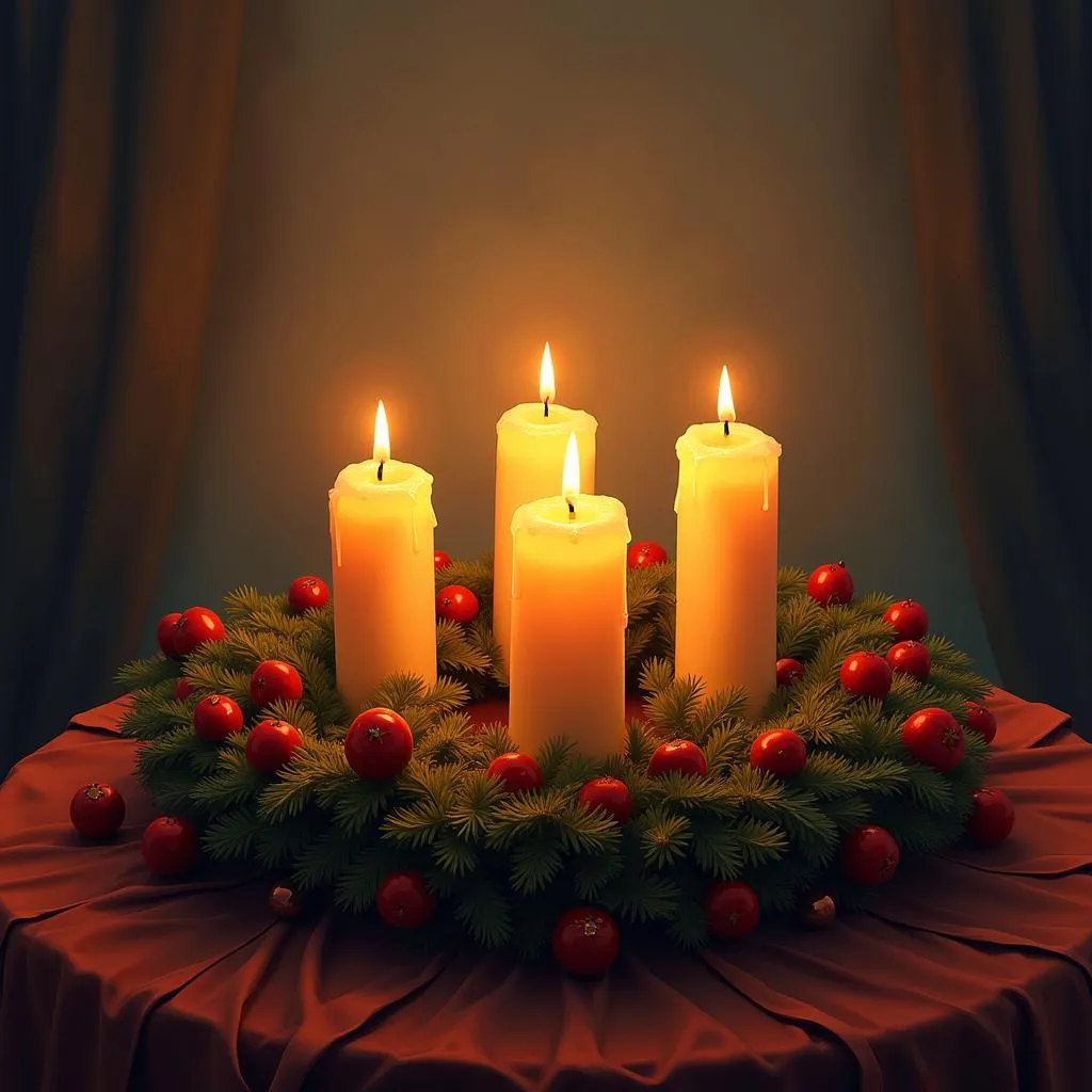 A digital painting of an Advent wreath with four candles, each representing a week of Advent.