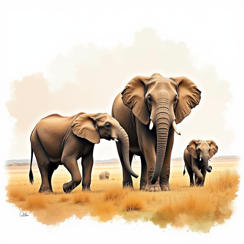 African Elephant Family Watercolor Painting