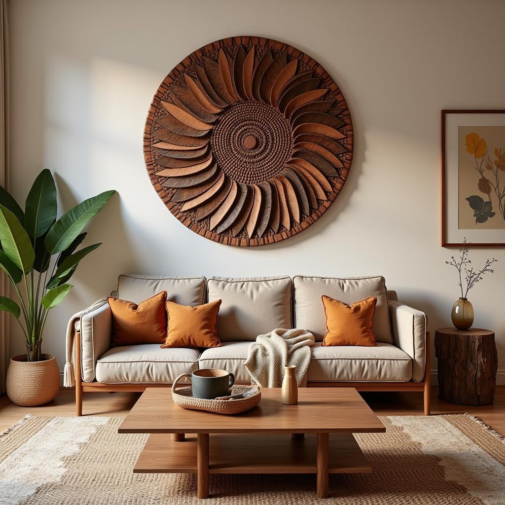 African Wooden Wall Decor in Living Room Setting 