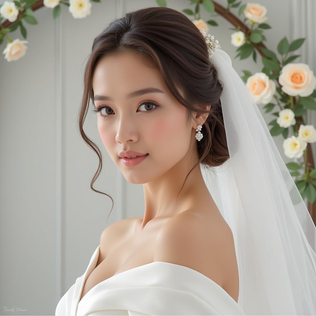 AI-Generated Bridal Portrait: A bride in a flowing white gown, surrounded by ethereal light and floral accents.