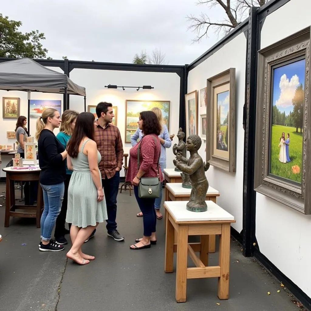 Visitors enjoying a sculpture exhibit at Alameda Art Fair