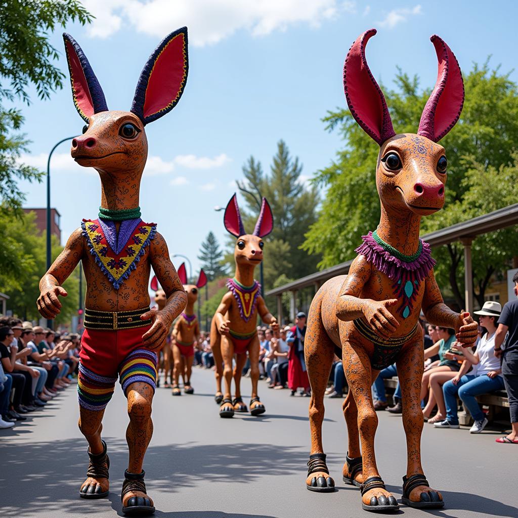 Giant Alebrijes at a vibrant parade in Mexico