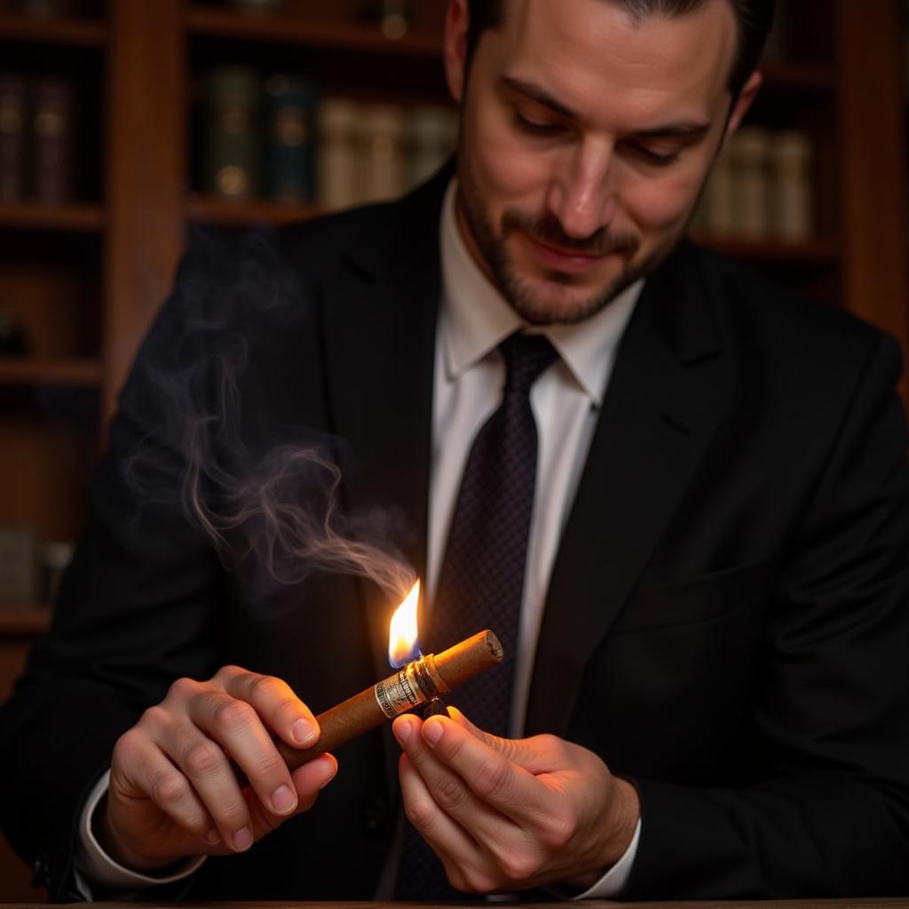 A Man Lighting Up an Alec Bradley Lost Art Cigar