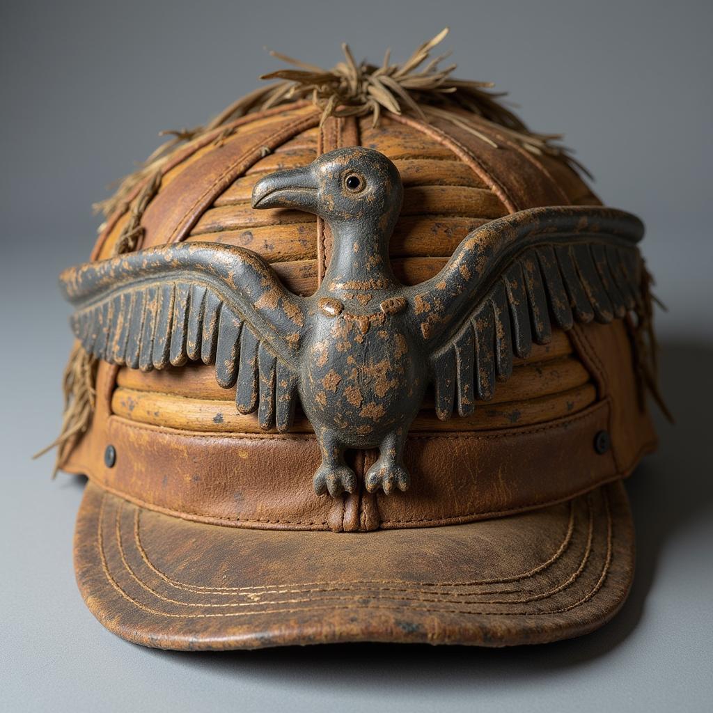 A traditional Aleut hunting hat intricately decorated with a carved seabird design