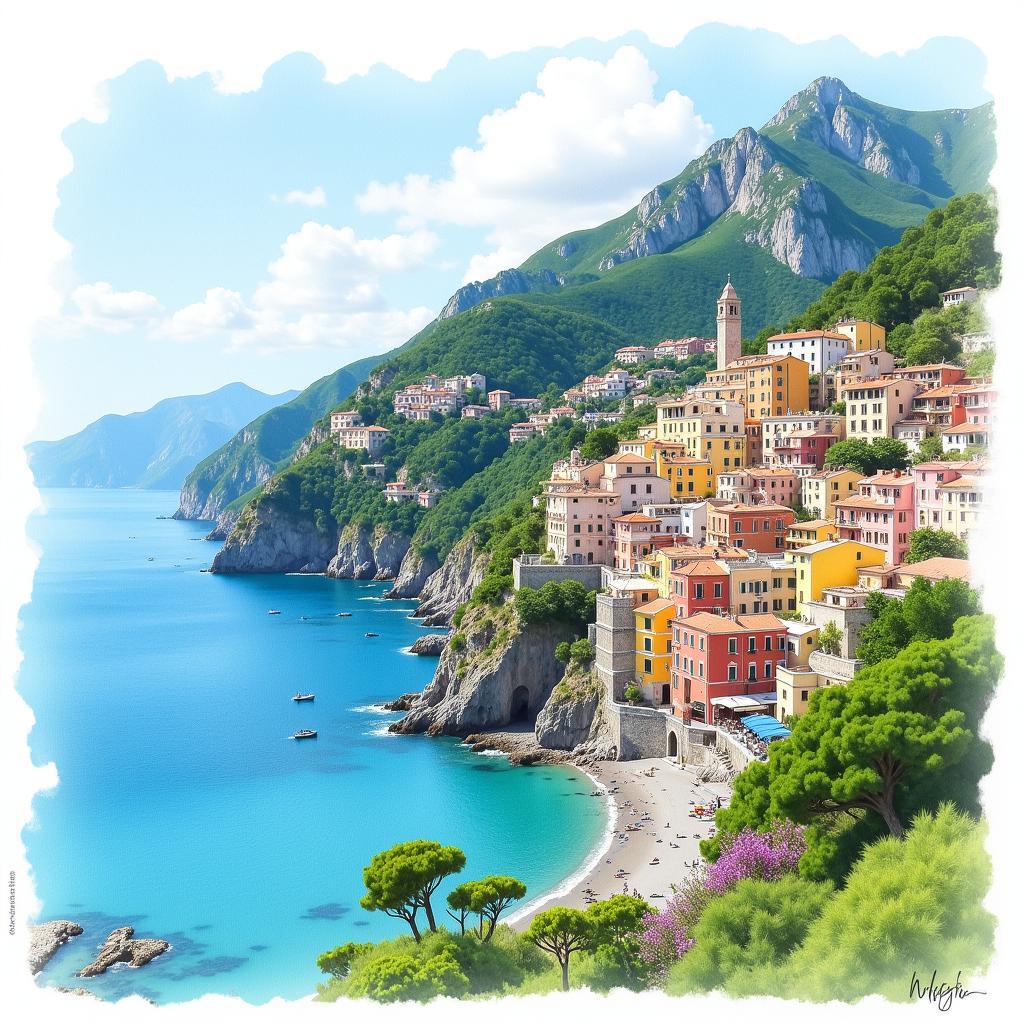 Amalfi Coast Watercolor Painting: Coastal View