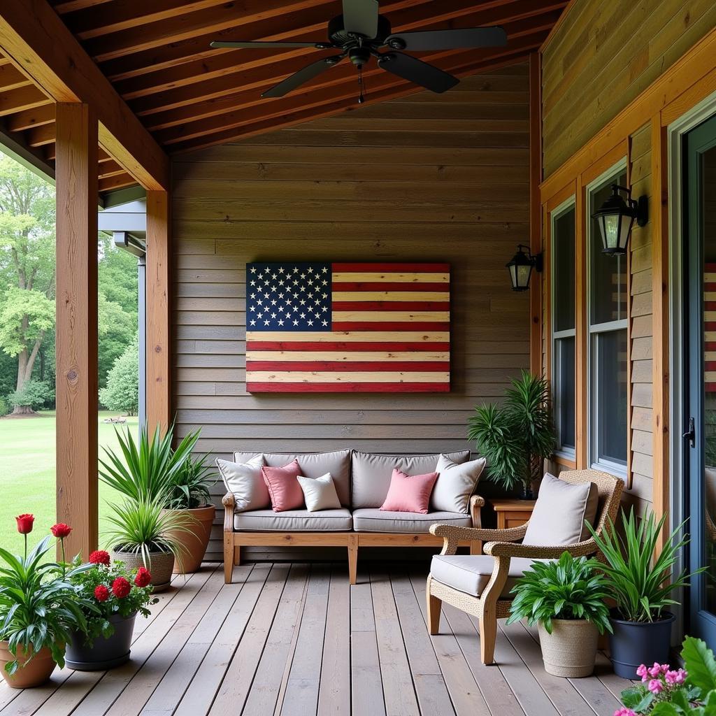 Wooden American Flag on Outdoor Patio