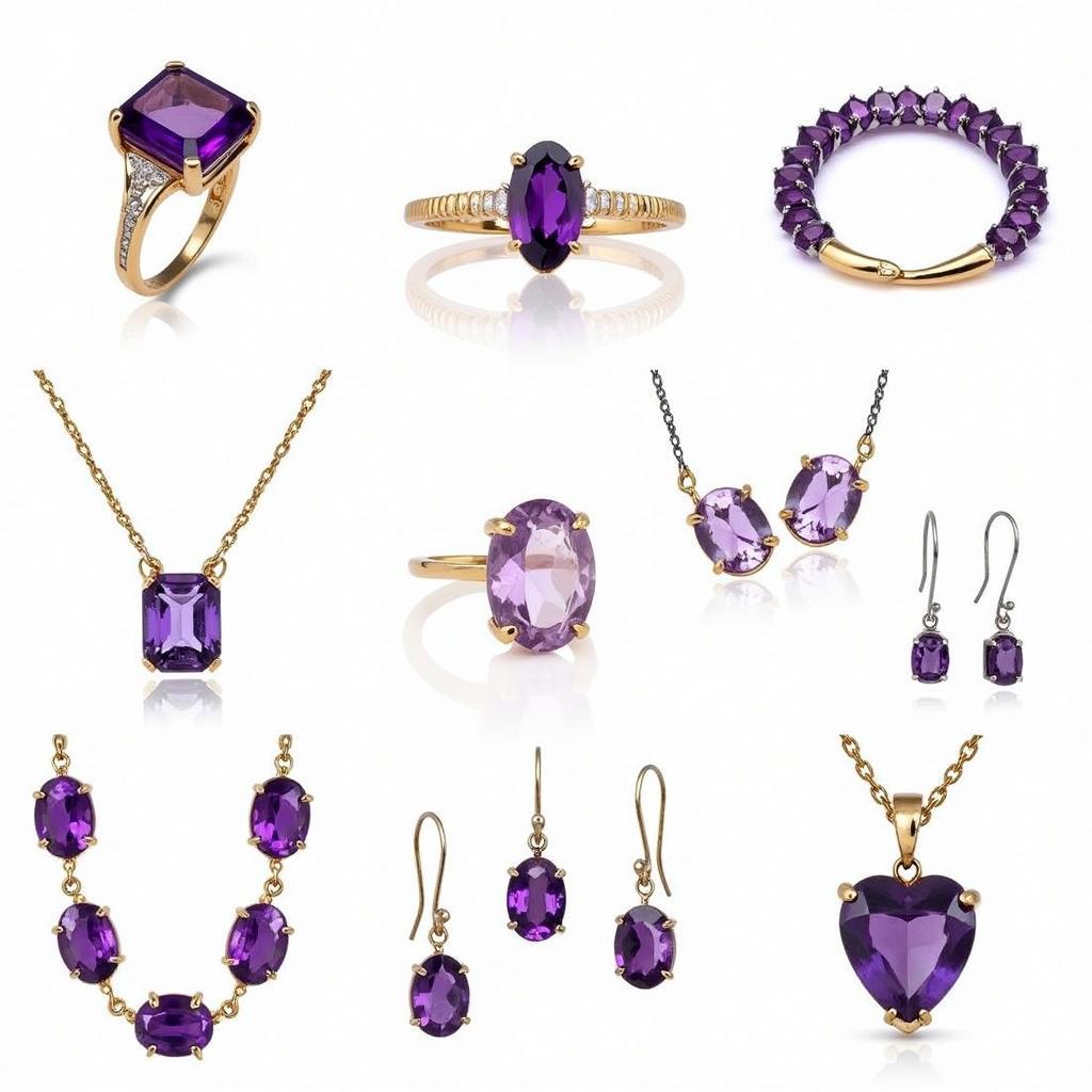 Amethyst Jewelry Collection - Rings, necklaces, and earrings showcasing various cuts and settings of amethyst gemstones.