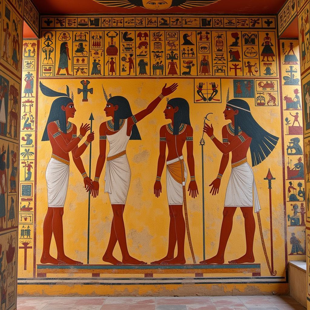 Ancient Egyptian tomb painting with hieroglyphics