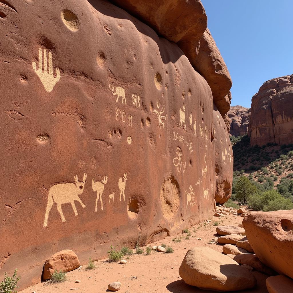 Ancient rock art panel depicting animals and humans