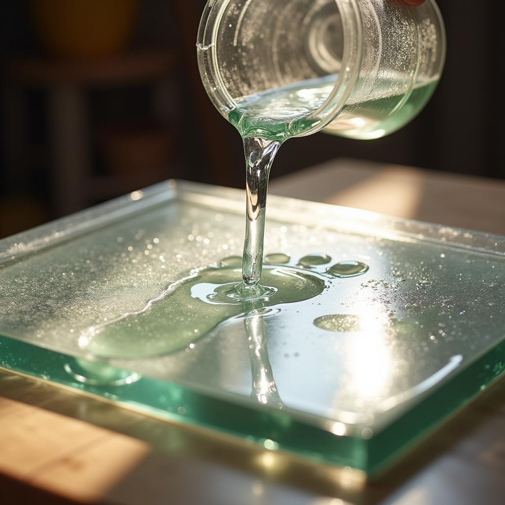 Pouring resin to create a baby footprint keepsake