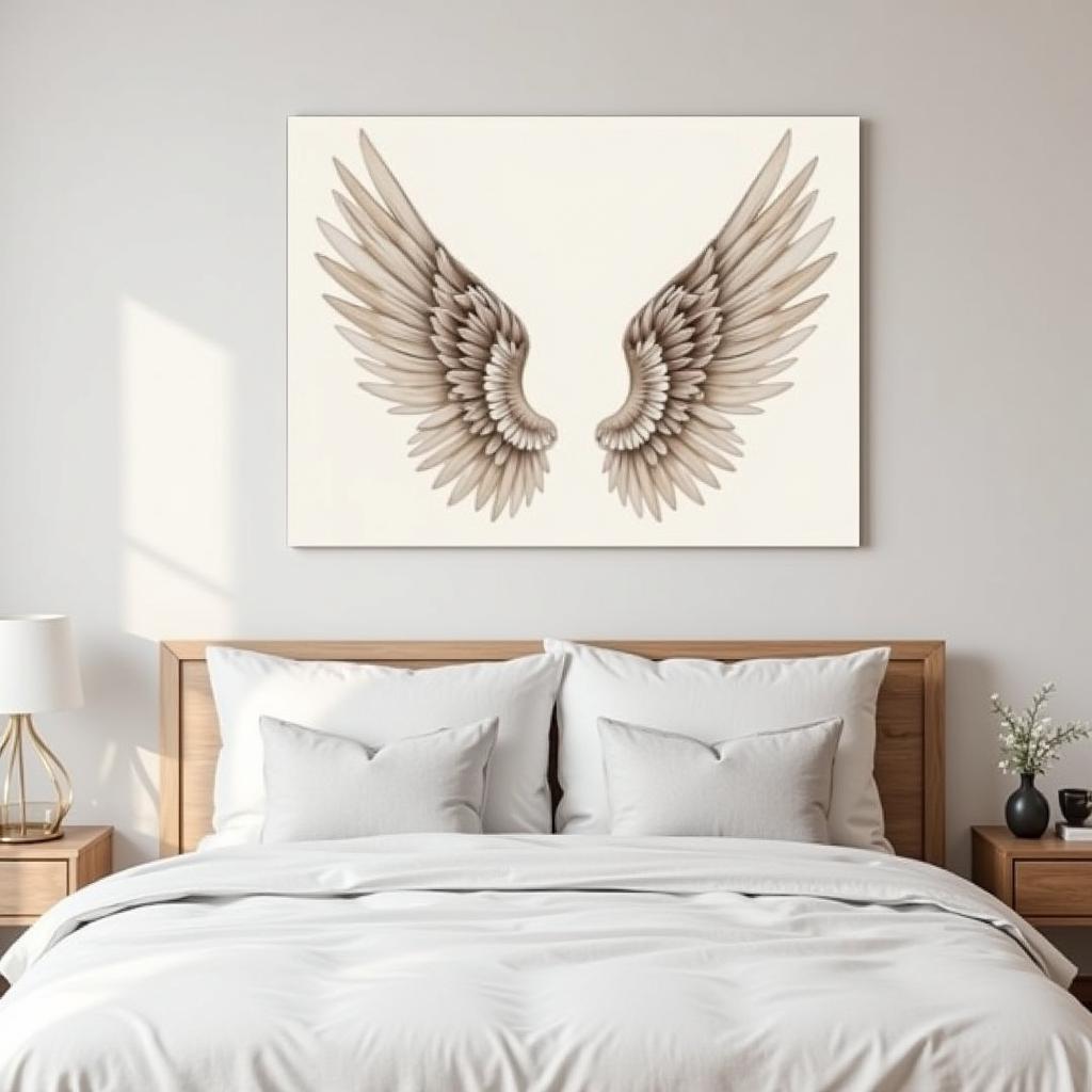 Angel wings canvas wall art creating a serene atmosphere in a bedroom