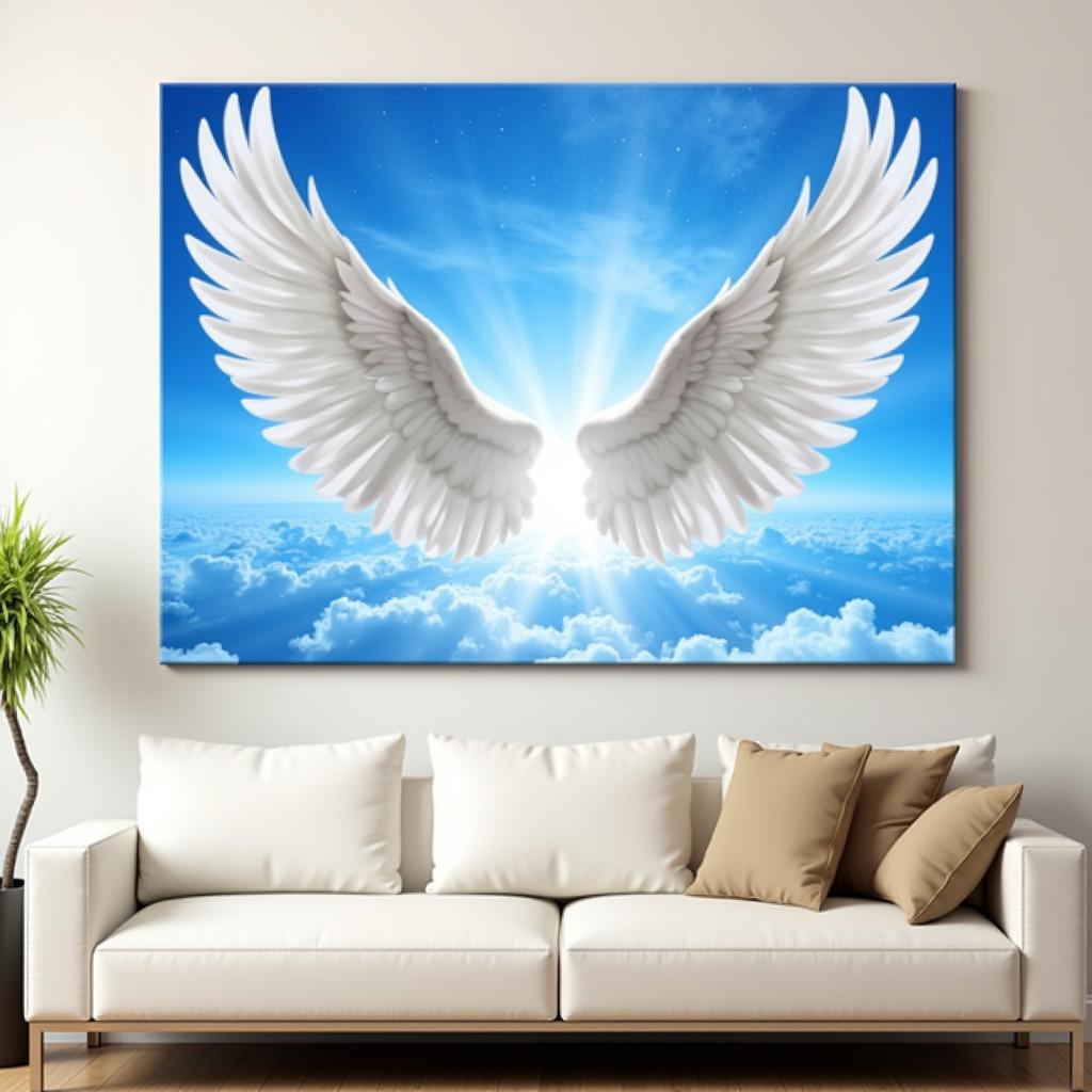 Angel wings canvas wall art as a focal point in a living room