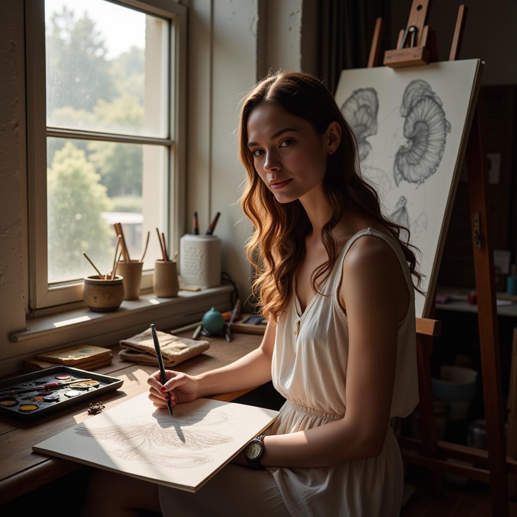 An artist sketching an angel in their studio, surrounded by art supplies.