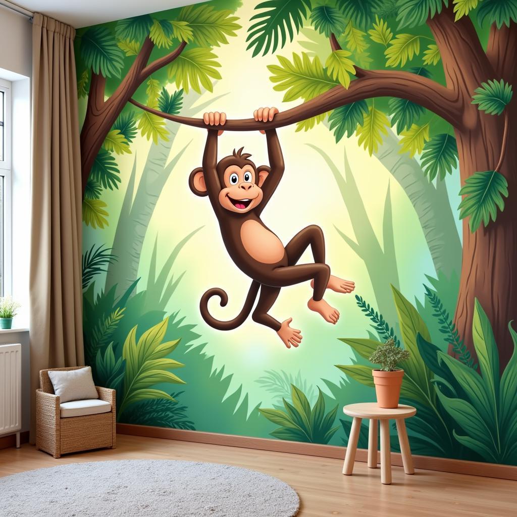 Animal art nursery wall decor with a playful monkey painting.