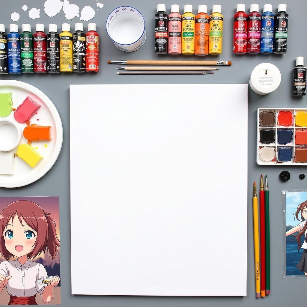 Anime art supplies arranged on a table.