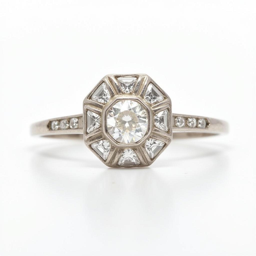 An antique Art Deco engagement ring with a central diamond and geometric details