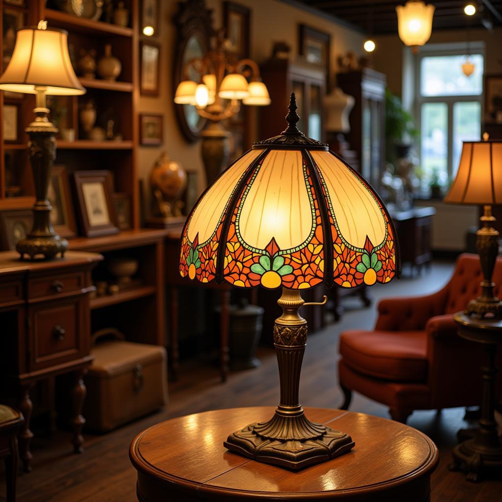 An antique art deco glass lampshade in a vintage shop