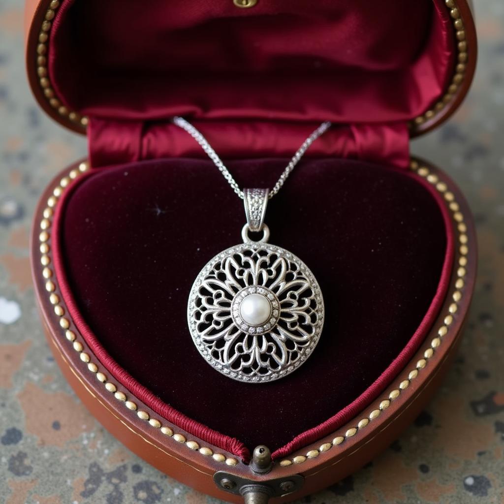 Antique jewelry box with an art deco filigree pendant