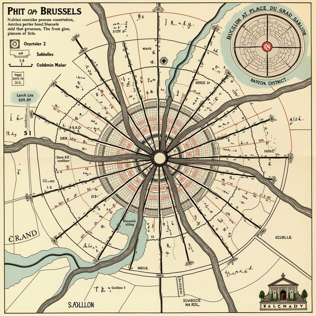 Antique map of Brussels highlighting the key art and antique districts